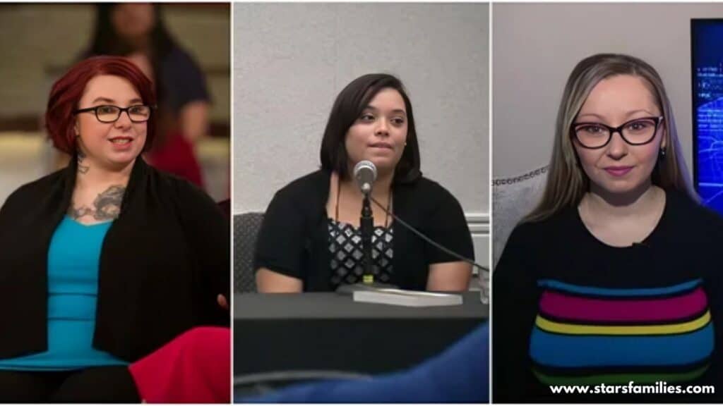 In a collage of three separate frames, Amanda Berry, on the left, wears a black cardigan over a blue top, showing visible tattoos on the chest. Marco Fabián, in the center, sits behind a microphone dressed in a black cardigan over a patterned top. The third person, on the right, is in a black top with colorful horizontal stripes.