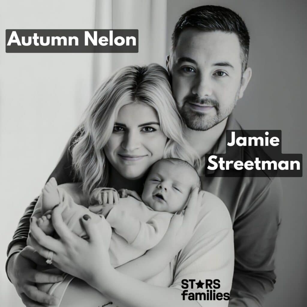 In black and white picture Autumn Nelon Clark and her husband with their child.