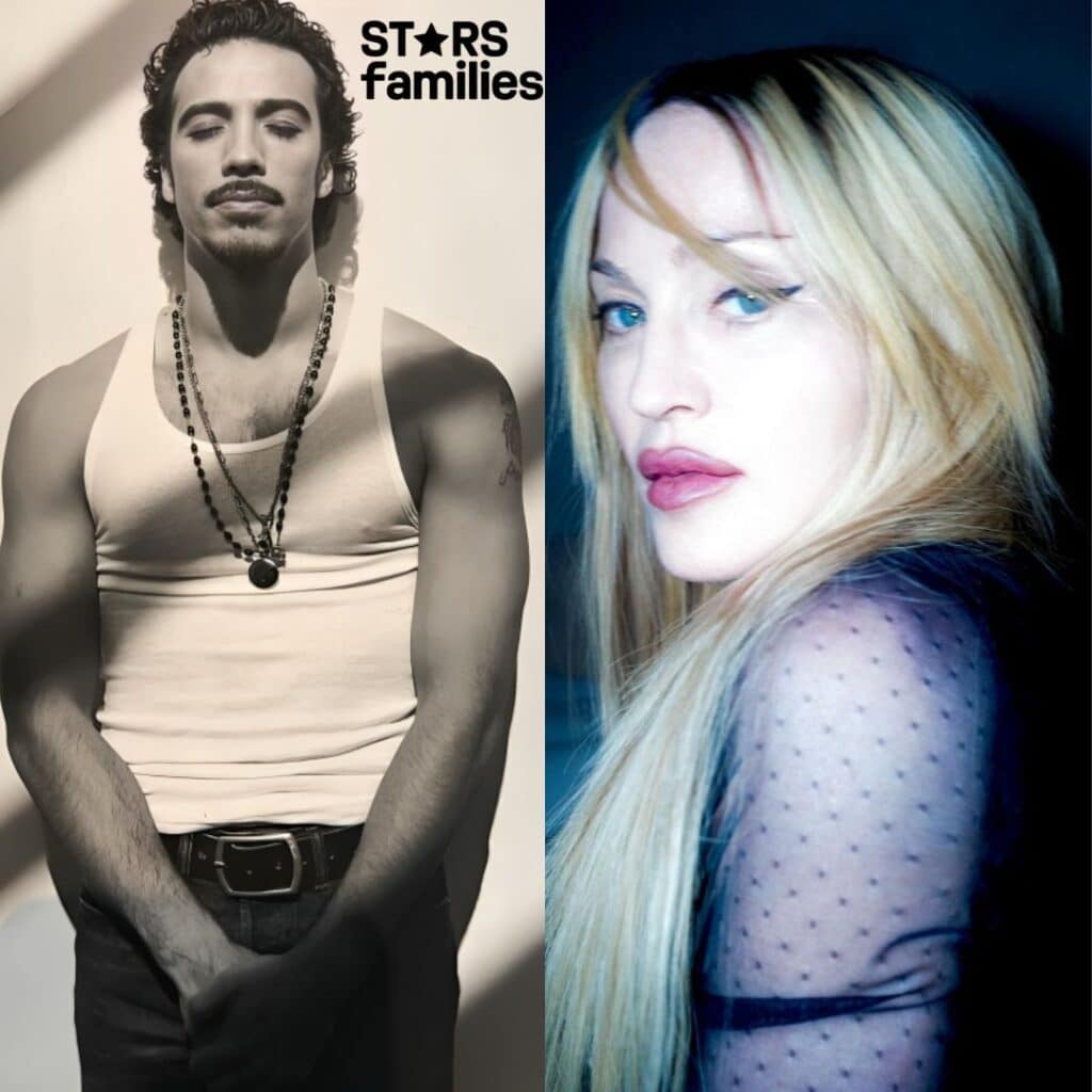 In a split photograph, Carlos Leon stands with arms crossed, wearing a white tank top, dark pants, and multiple necklaces. On the right side, his ex-partner with long blonde hair is wearing a sheer, dotted top.